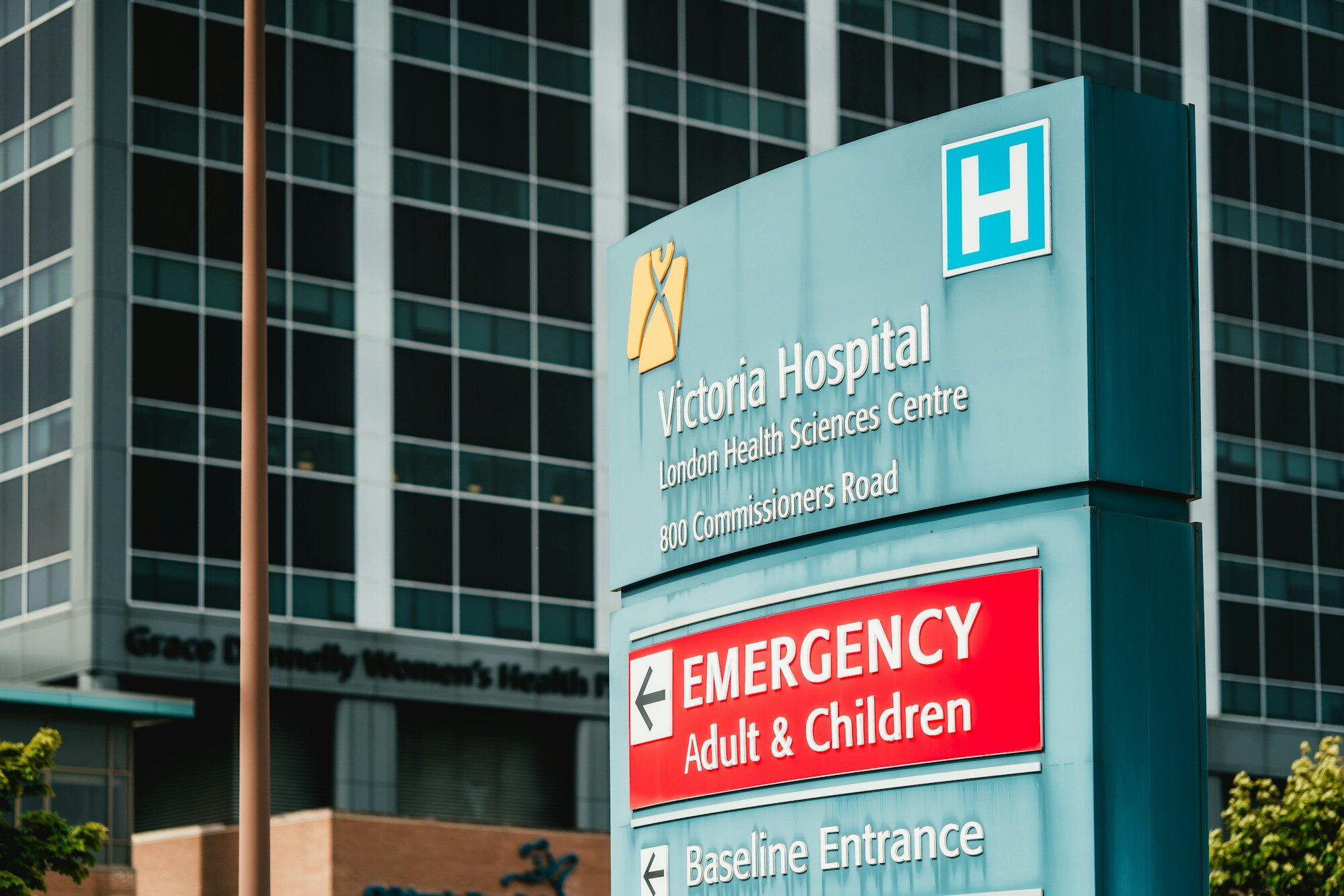 Hospital emergency entrance with building identification